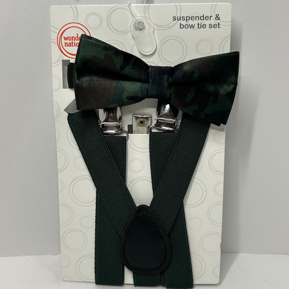 Wonder Nation Kids Green Camo Bow Tie and Suspender Set One‎ Size New Dress Tux